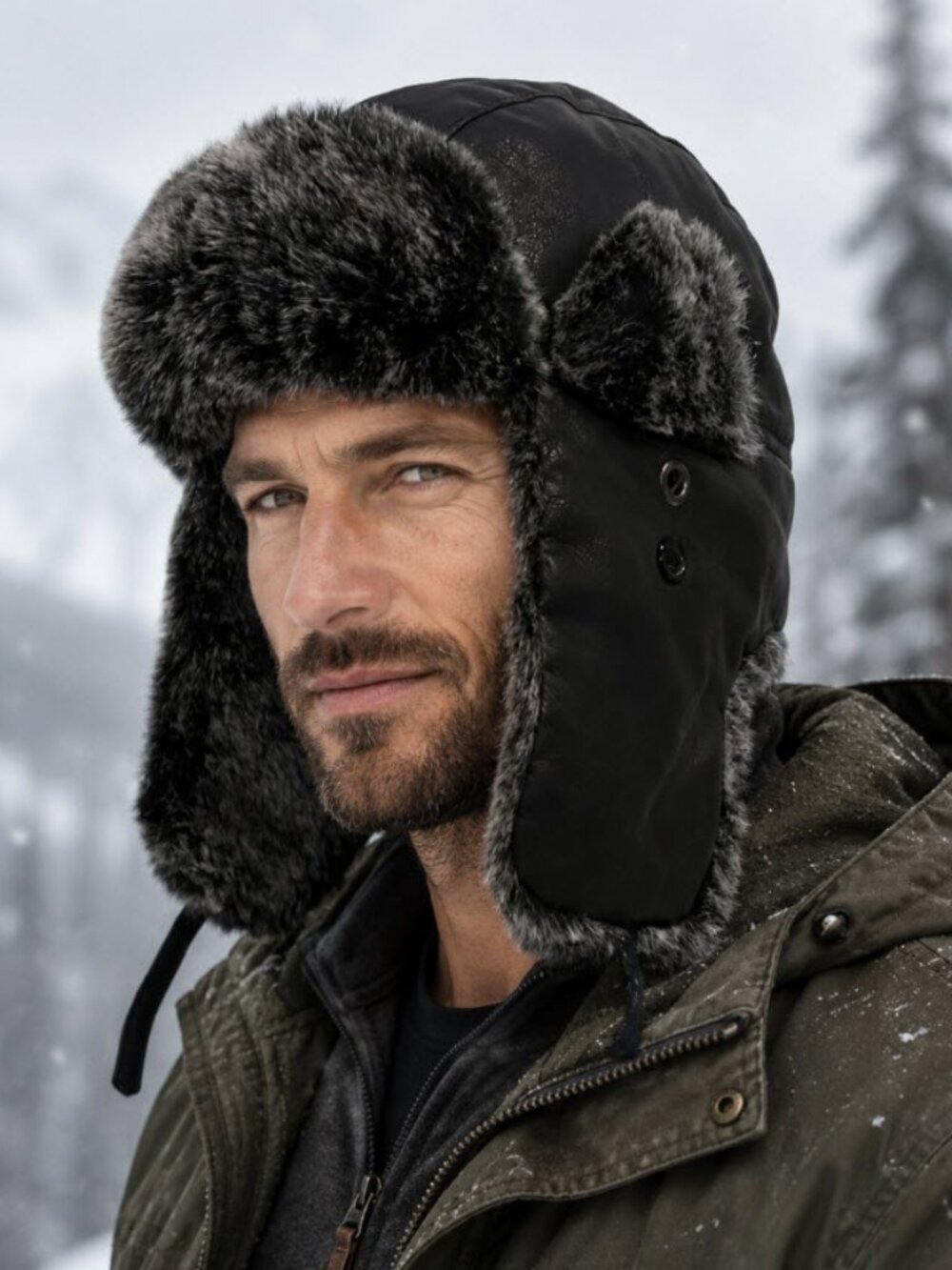 WindRiver Black Faux Fur-Lined Trapper Men's Hat Size XL Warm Winter Aviator Cap